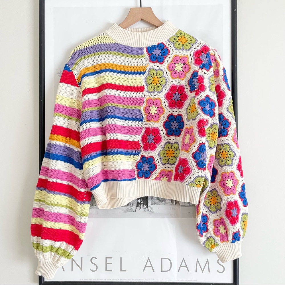 FARM Rio Rainbow Handmade Crochet Sweater Multicolor Mock Neck Women's Large NWT - Picture 7 of 16